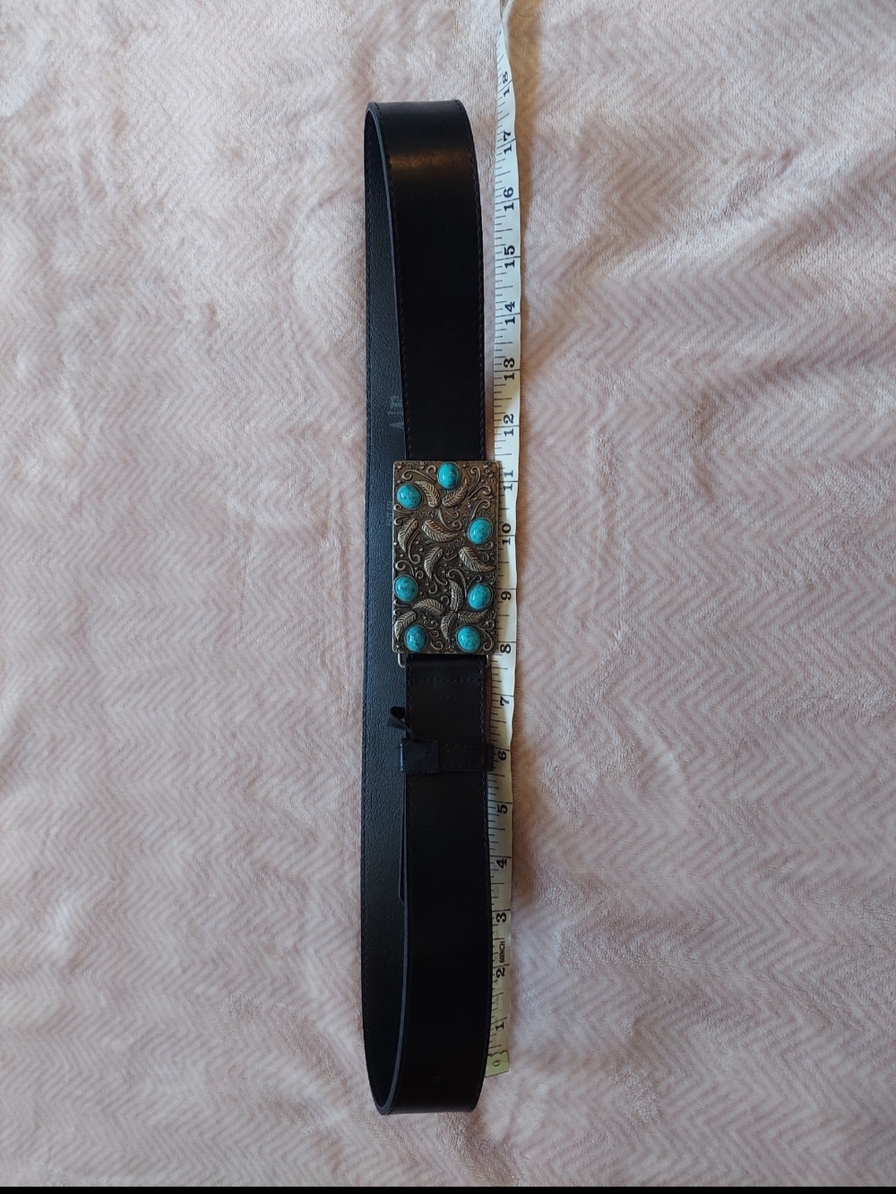Black Leather Belt with Turquoise-Accent Ornate Buckle